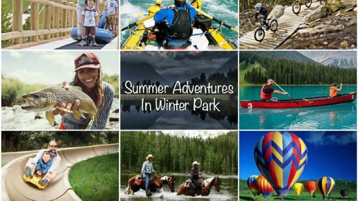 A vibrant outdoor scene capturing children playing on a slide, a family kayaking, someone fishing, cyclists riding along a trail, people horseback riding, and even hot air balloons drifting above the landscape.
