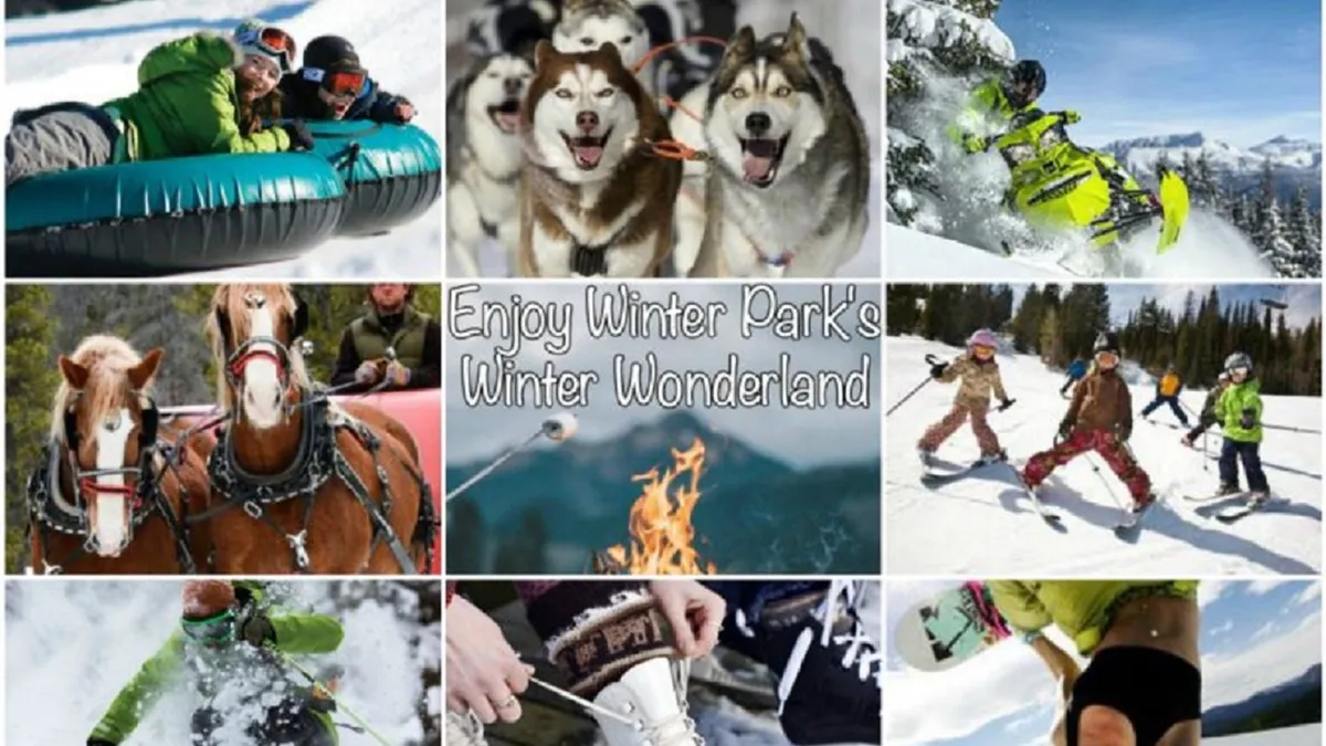 A lively winter scene featuring people tubing down snowy slopes, Siberian Huskies for dog sledding, snowboarders, skiers, horses for trail rides, and a fire pit gathering—all set against a picturesque mountain backdrop.