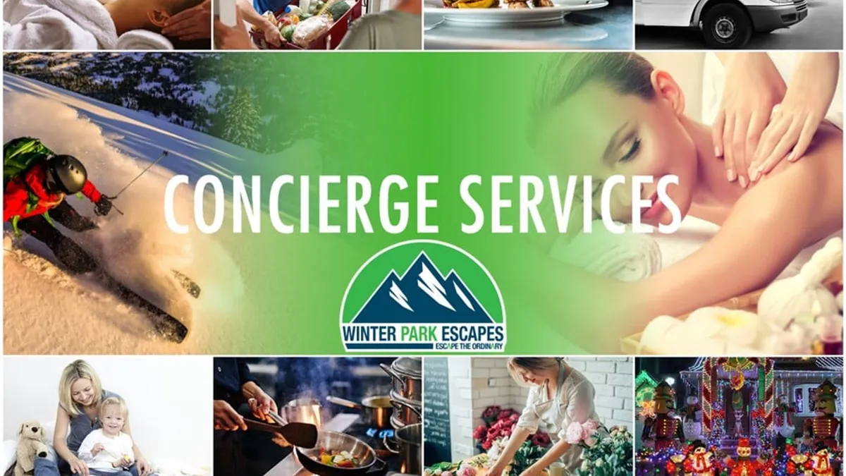 A collage-style image combining scenes of concierge services, family bonding, ski adventures, spa treatments, and gourmet cooking, all with a festive and welcoming mood.
